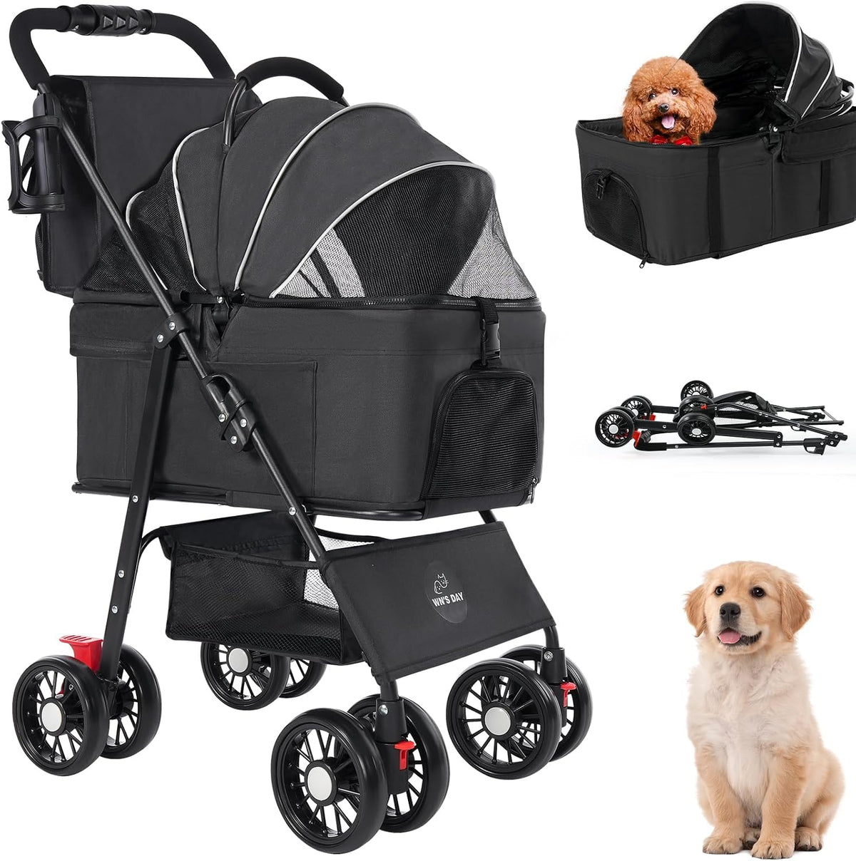 3 in 1 Pet Dog Stroller for Small Medium Dogs 10-50 lbs - Black