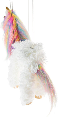 Artisan Owl white unicorn marionette puppet with rainbow yarn mane and tail - view 3