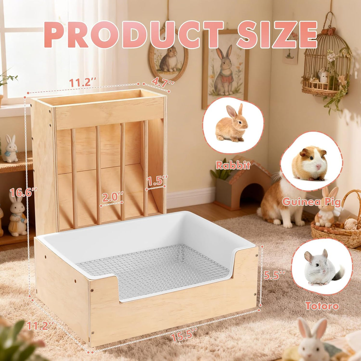 Extra-Large 2-in-1 Rabbit Litter Box & Hay Feeder Set, Wood - image 2