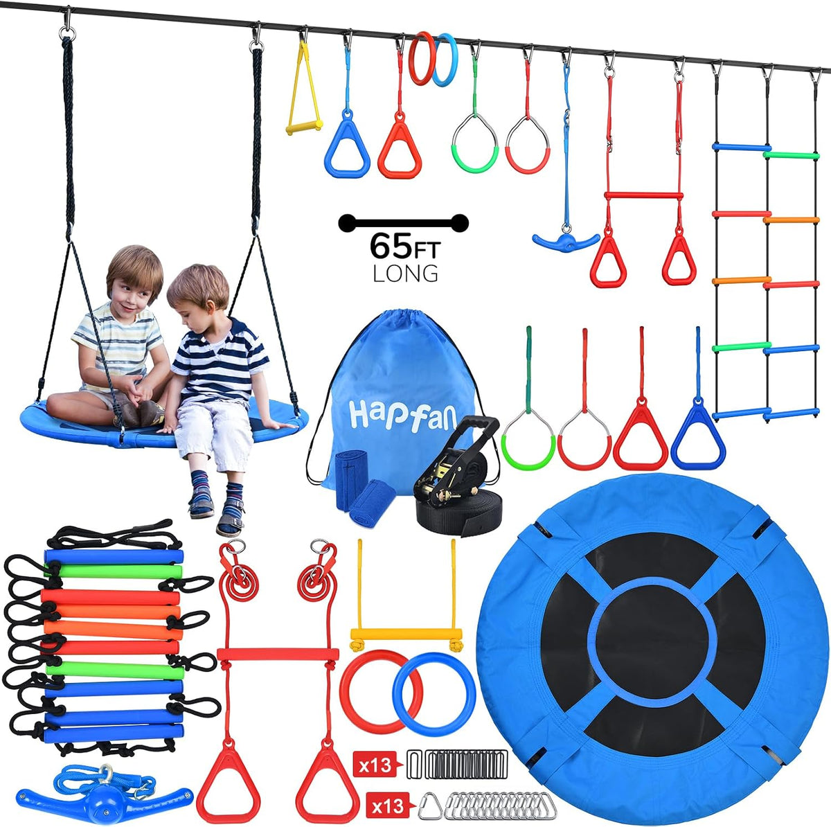 Hapfan 65 ft ninja warrior obstacle course for kids with saucer tree swing and climbing net - view 3