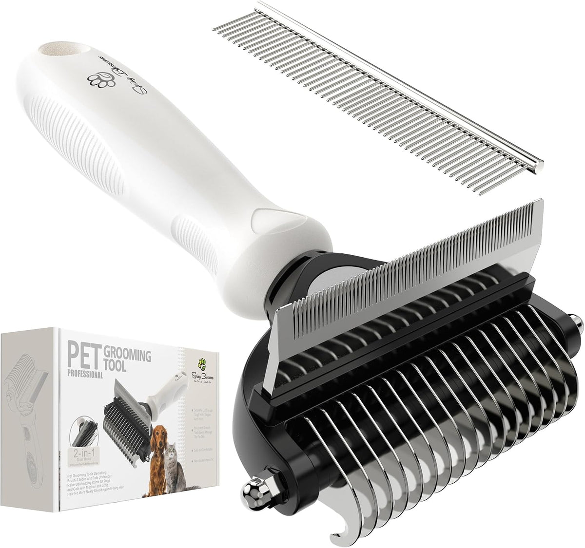 Spring Blossoms-2 in 1 Professional Grooming Rake for Cats - Cloud Dancer White