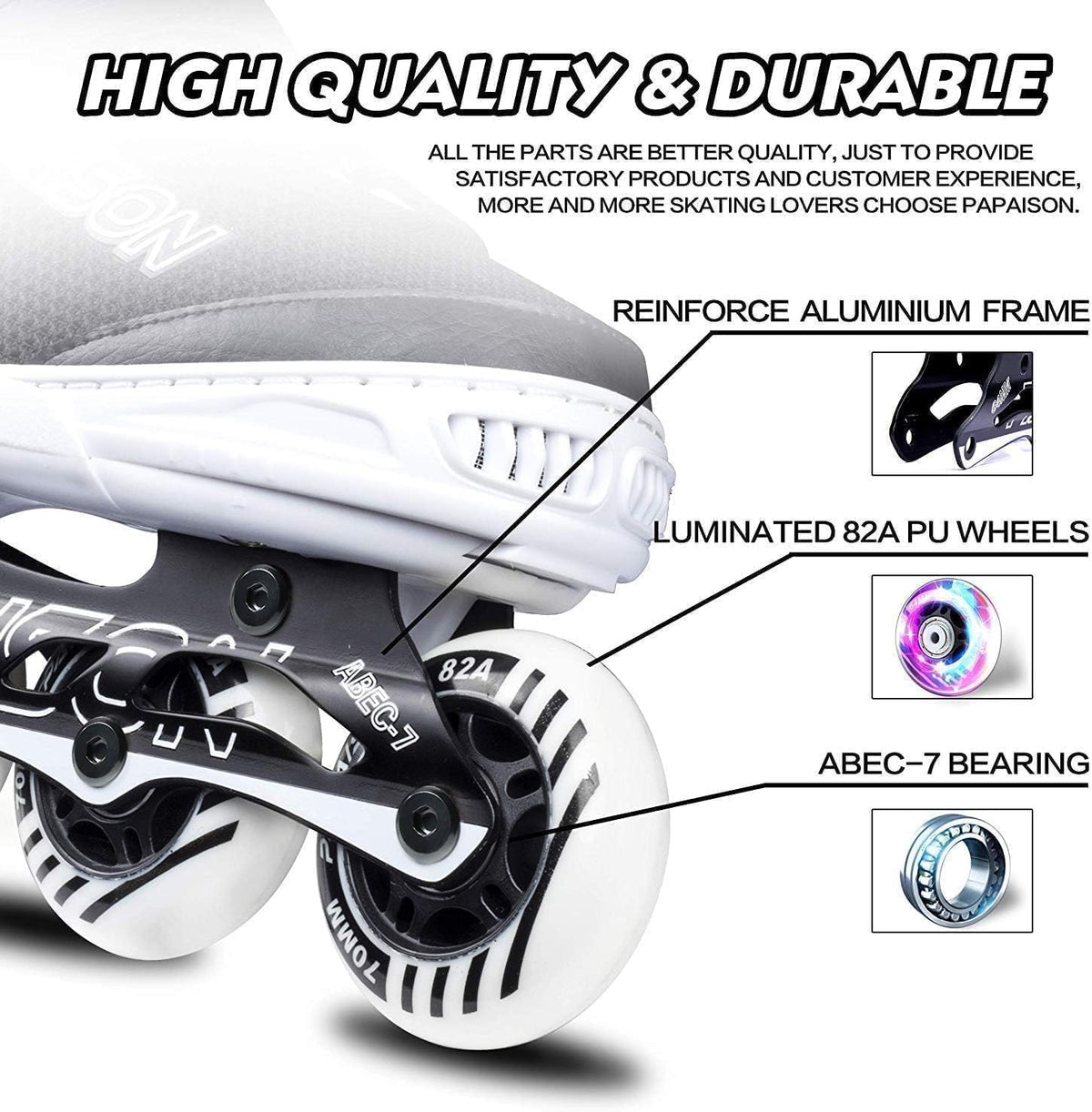 PAPAISON Adjustable Inline Skates for Kids and Adults with Full Light - B white / Large-Youth & Adult (5-8Women/4-7Kids Men) - image 4