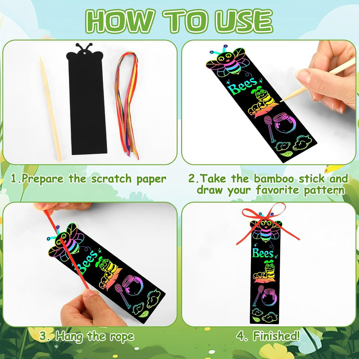 JUNEBRUSHS rainbow scratch art bookmarks with bamboo scratch sticks and colored satin ropes - view 16