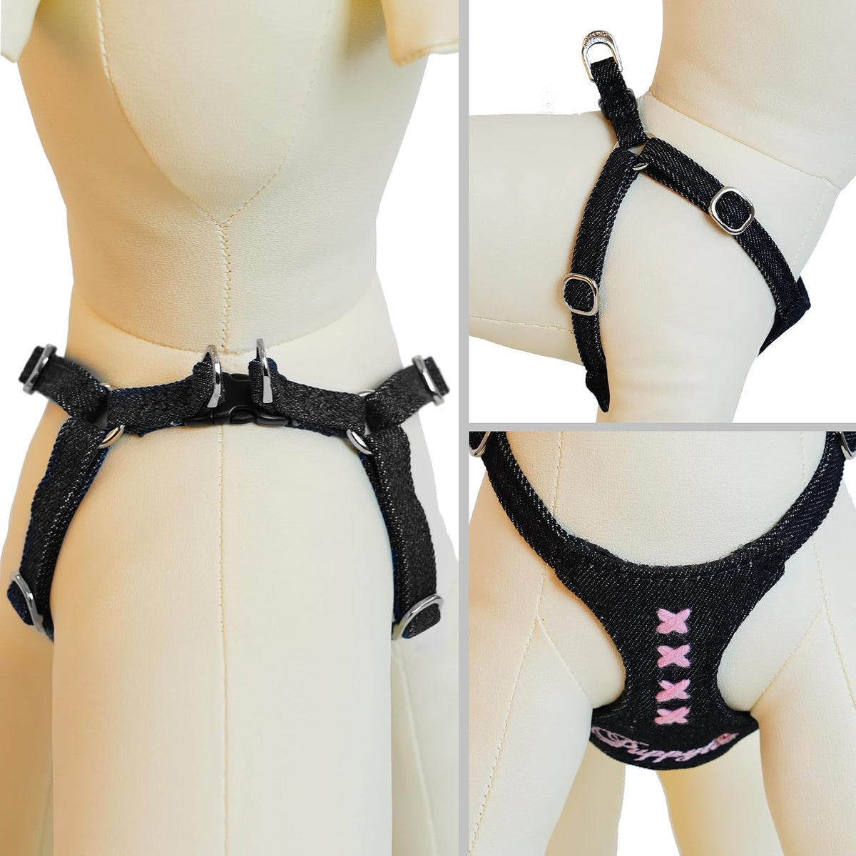 Puppytie XS Dog Harness and Leash Set, Denim Brown, XS – Essentials for Dogs - cross-denim black / XXS(2.2-6lb) - image 2