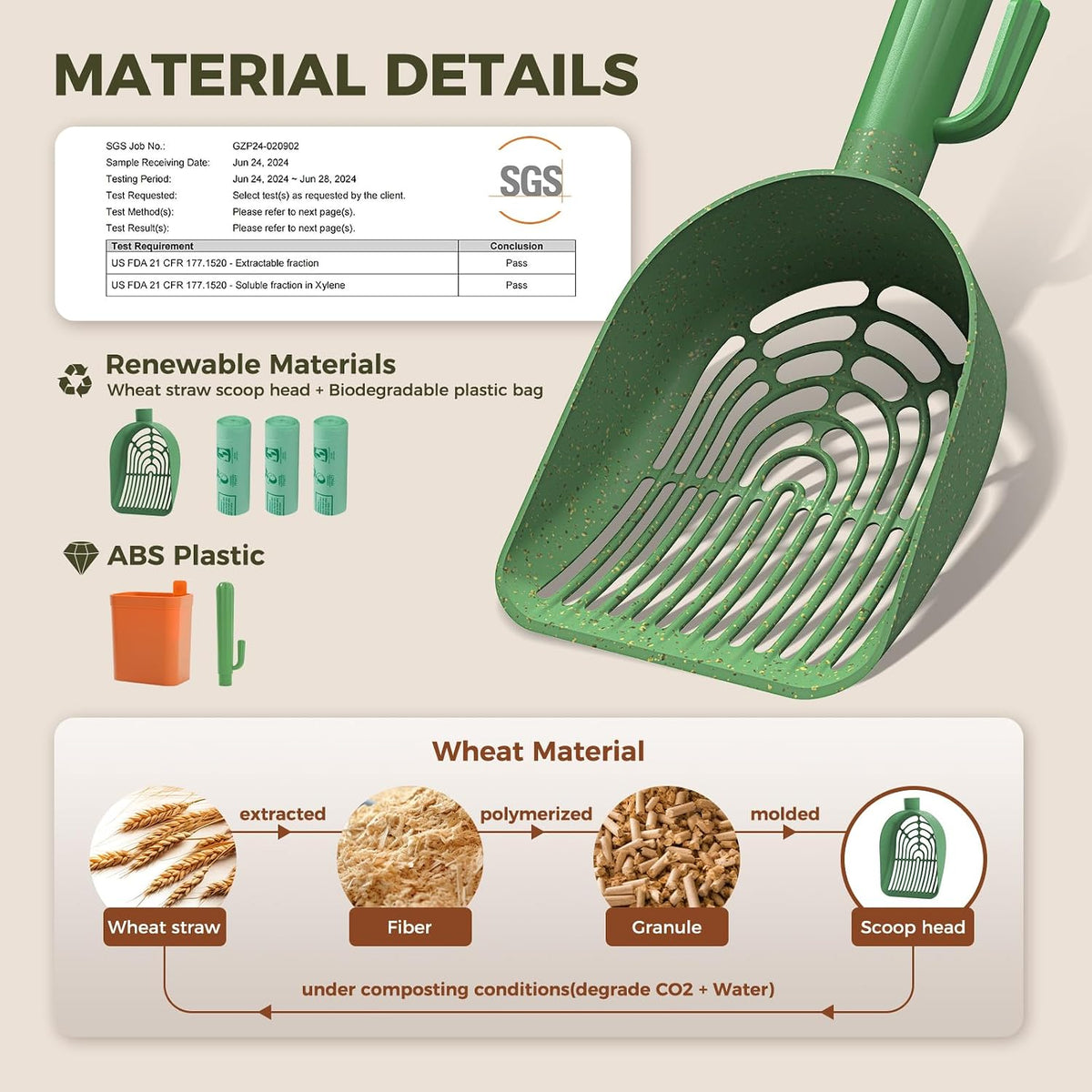 Cactus Cat Litter Scoop with Holder, 2 Replaceable Shovels - Cactus Green / Litter Scoop with 3 Trash Bags - image 3