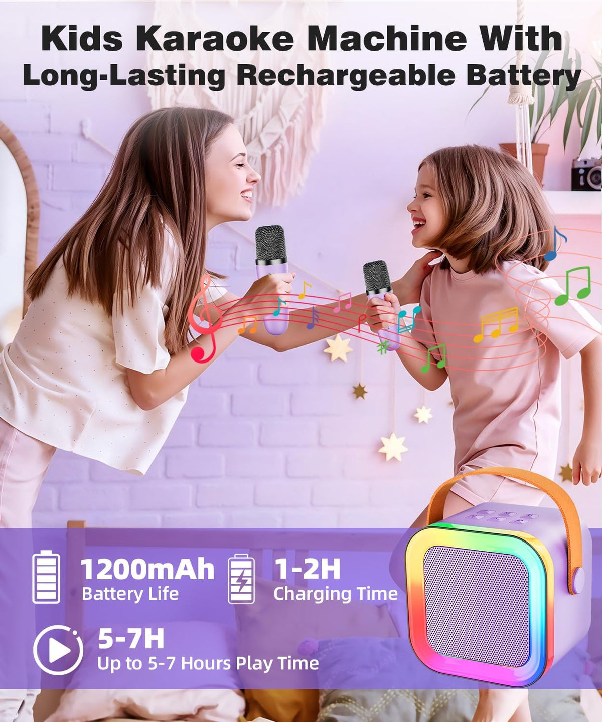 Mini Kids Karaoke Machine Ages 3-12 - Purple - 2 Mics - image 2