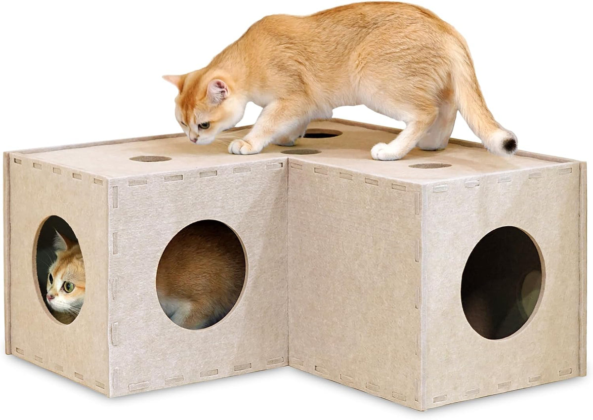PETKARAY Cat Tunnel, Original Cat Hideaway Cave for Indoor Cats - L-shape Tunnel / Beige