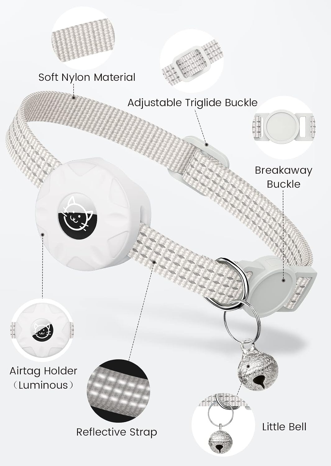 AirTag Cat Collar, Reflective Kitten Collar Breakaway – Essentials for Cats - White - image 3