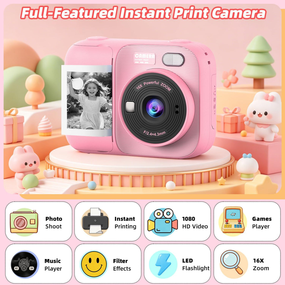 Kids Instant Print Camera with 5 Rolls Print Paper - Pink - image 3