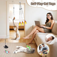 HONGDDY Interactive Bird Simulation Cat Toys，4 in 1 Cat Toys for Indoor Cats, 4 Replacement Birds，Hanging Door Kitten Wand with Suction Cup Removable Feathers Balls Mice Butterfly Streamers