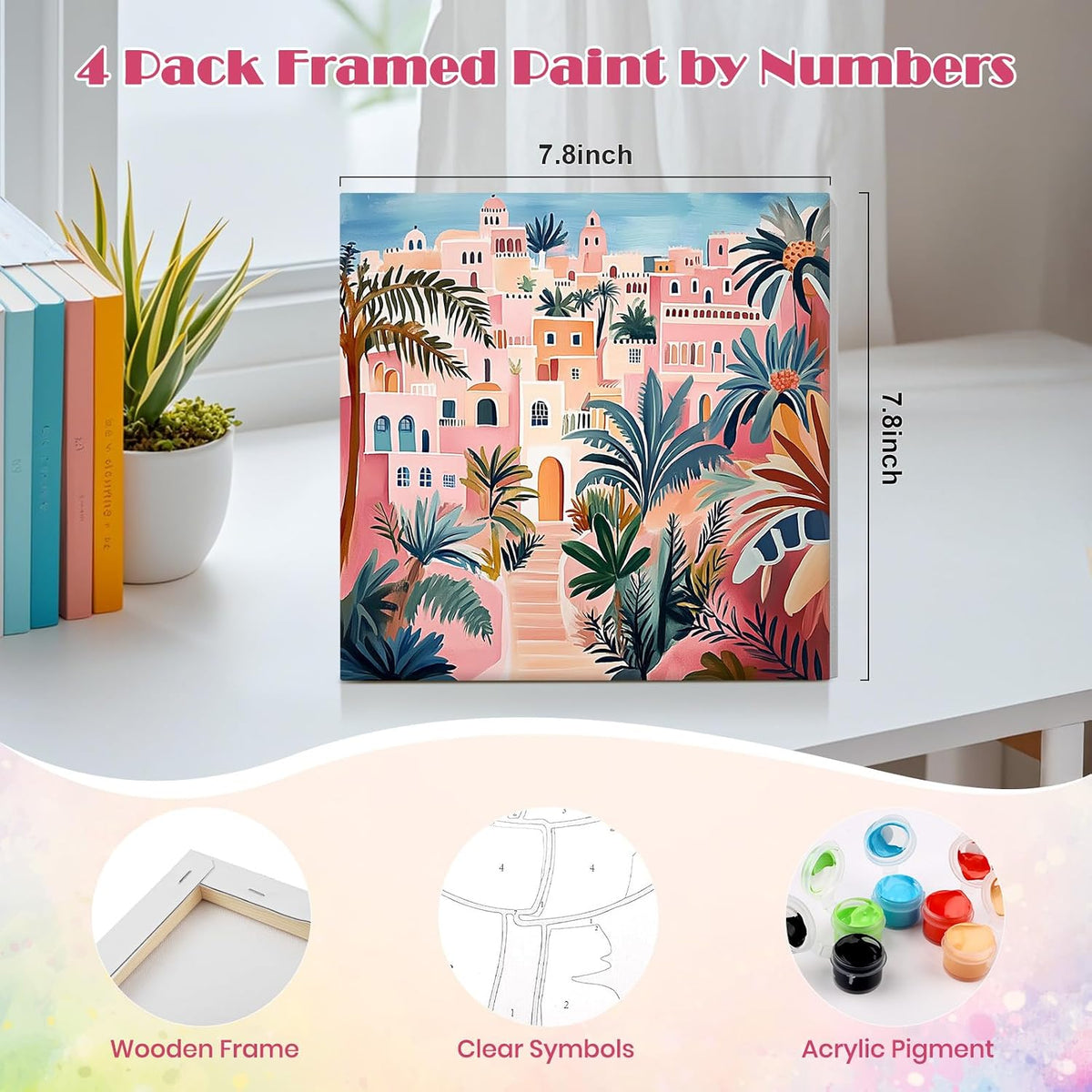 MISCER paint by numbers 4-pack with framed 8x8 inch landscape canvases, acrylic paints and brushes - view 28