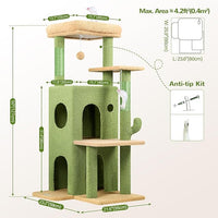 Globlazer Cactus Cat Tree Tower for Indoor Cats, 50-inch Adult Cat Tree House for Large Adult Cats with Steps, Scratching Post, 2 Cat Caves, Dangling Toys, FC50, Green