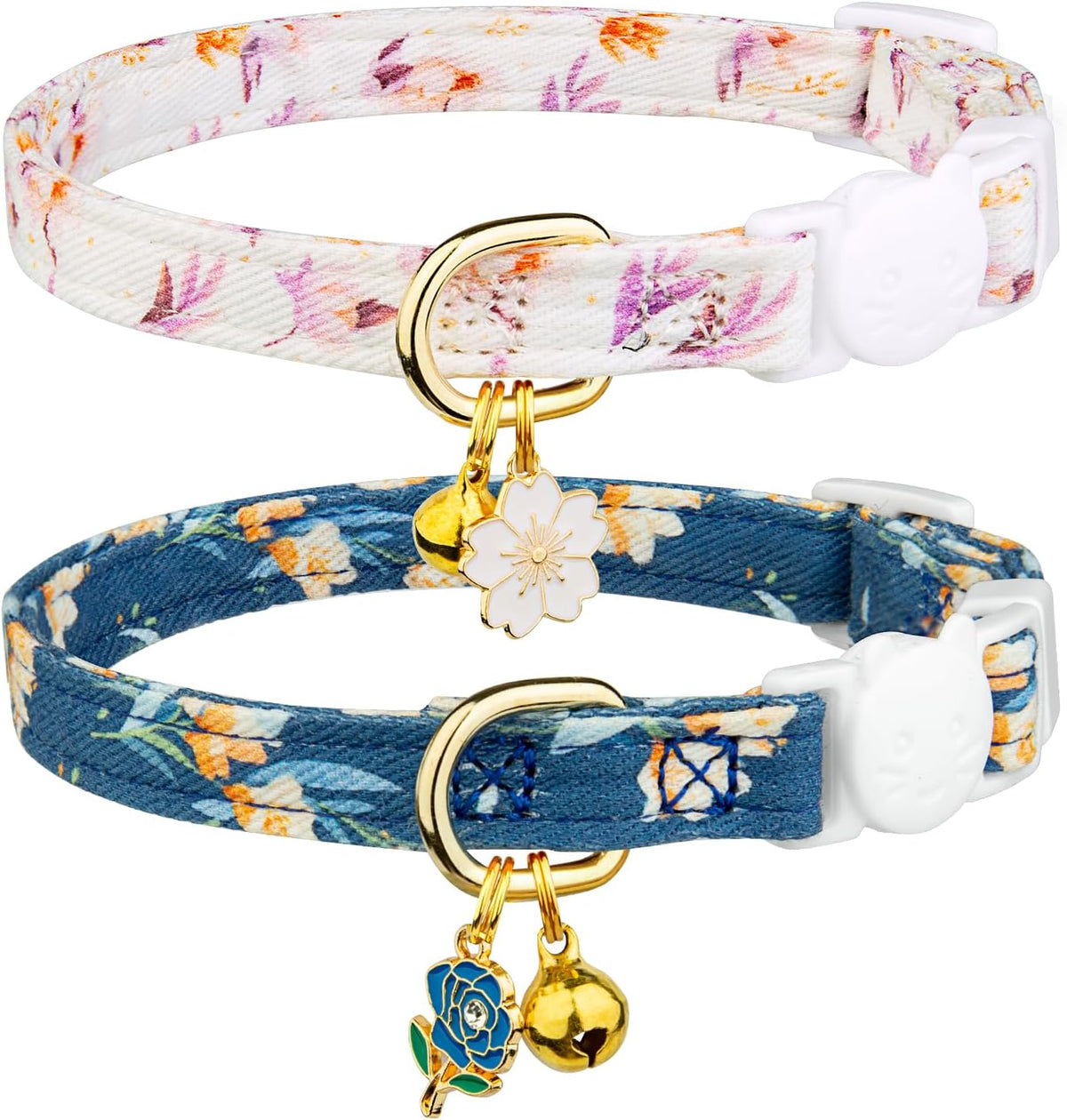 2 Pack Cotton Cat Collar Pink Strawberrie White Heart Cute Kitten - White&Blue