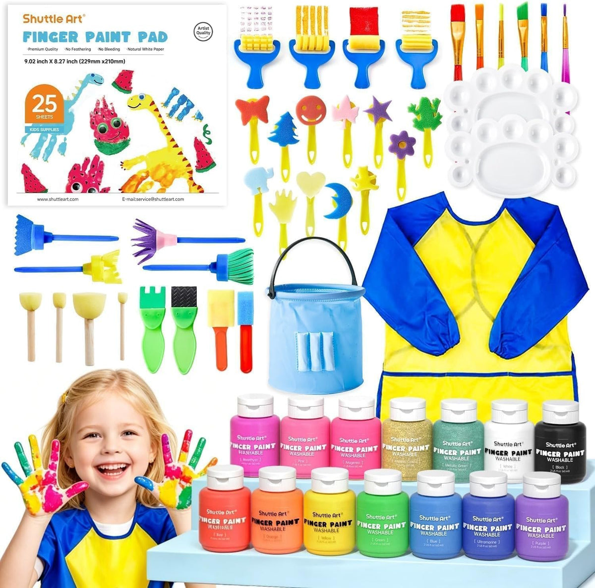 Shuttle Art Washable Finger Paint Set, Paint Brushes, Sponge - 14 Colors