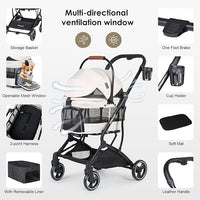 T3 Foldable Pet Stroller for Small Dogs & Cats – 3-in-1 Lightweight Design, 180° Canopy & Detachable Carrier (Beige)