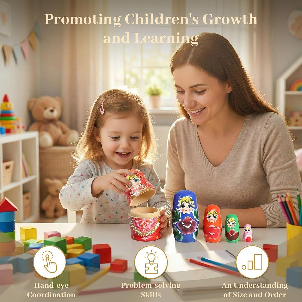 Poplay 5-piece hand-painted wooden Russian nesting dolls with Christmas theme - view 3