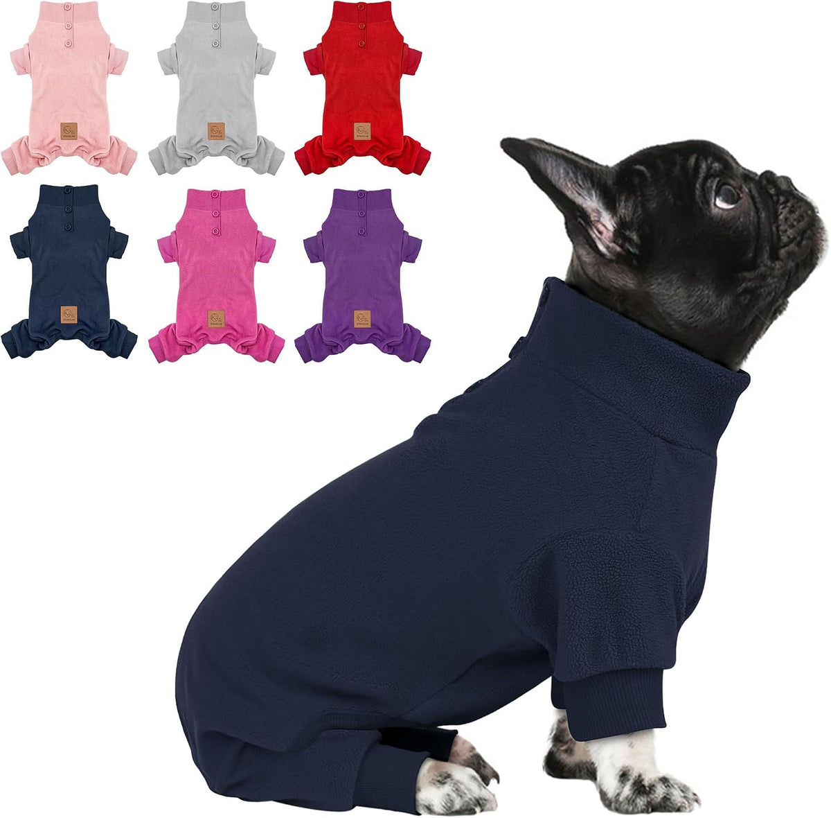 Navy fleece dog pajamas onesie with high collar and four legs
