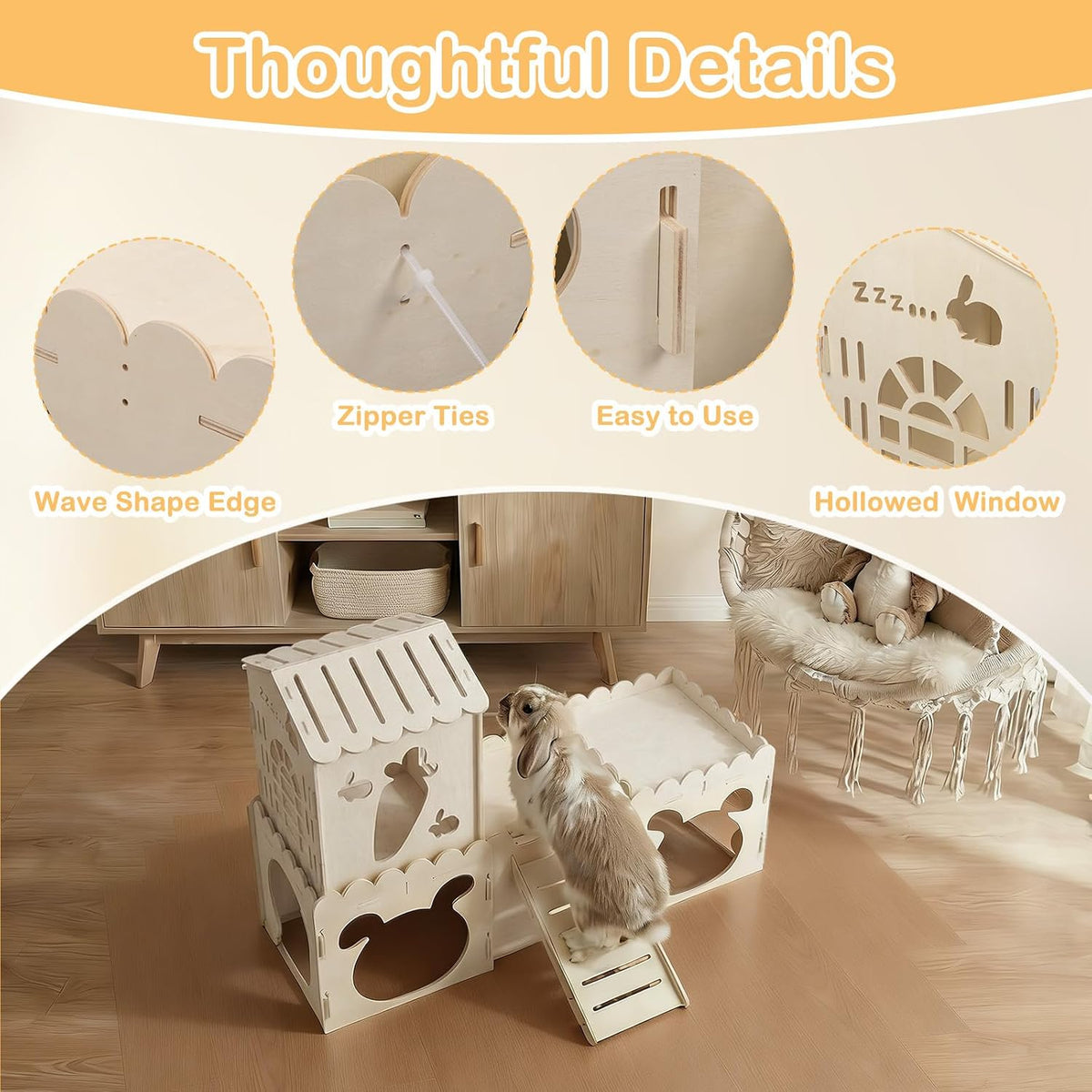 Large Rabbit House, Wooden Bunny Castle with 3 Houses Indoor - 4 Houses - image 3