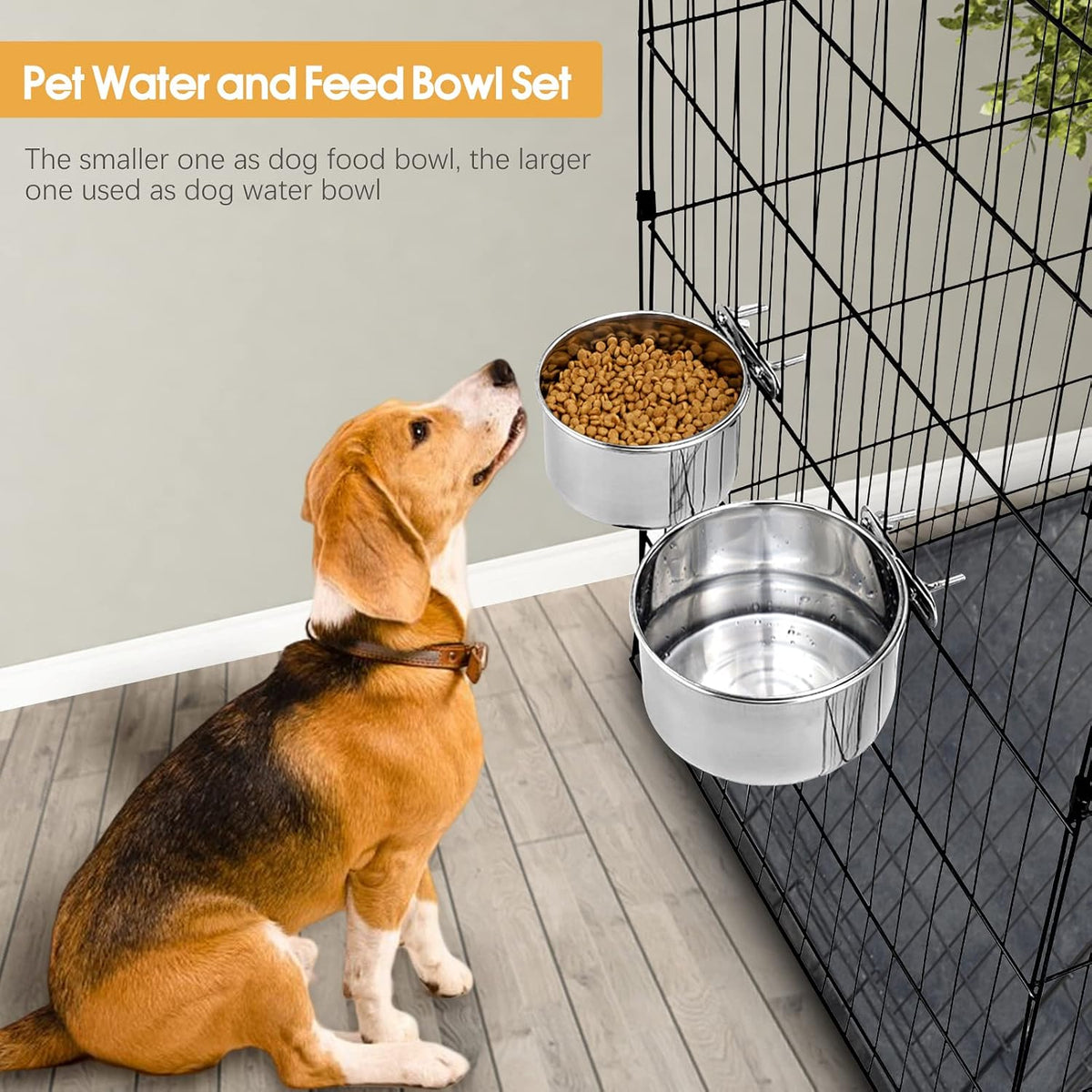 2 Pcs Stainless Steel Small Dog Crate Food Water Bowl - L (77 & 45 OZ) / Silver - image 3