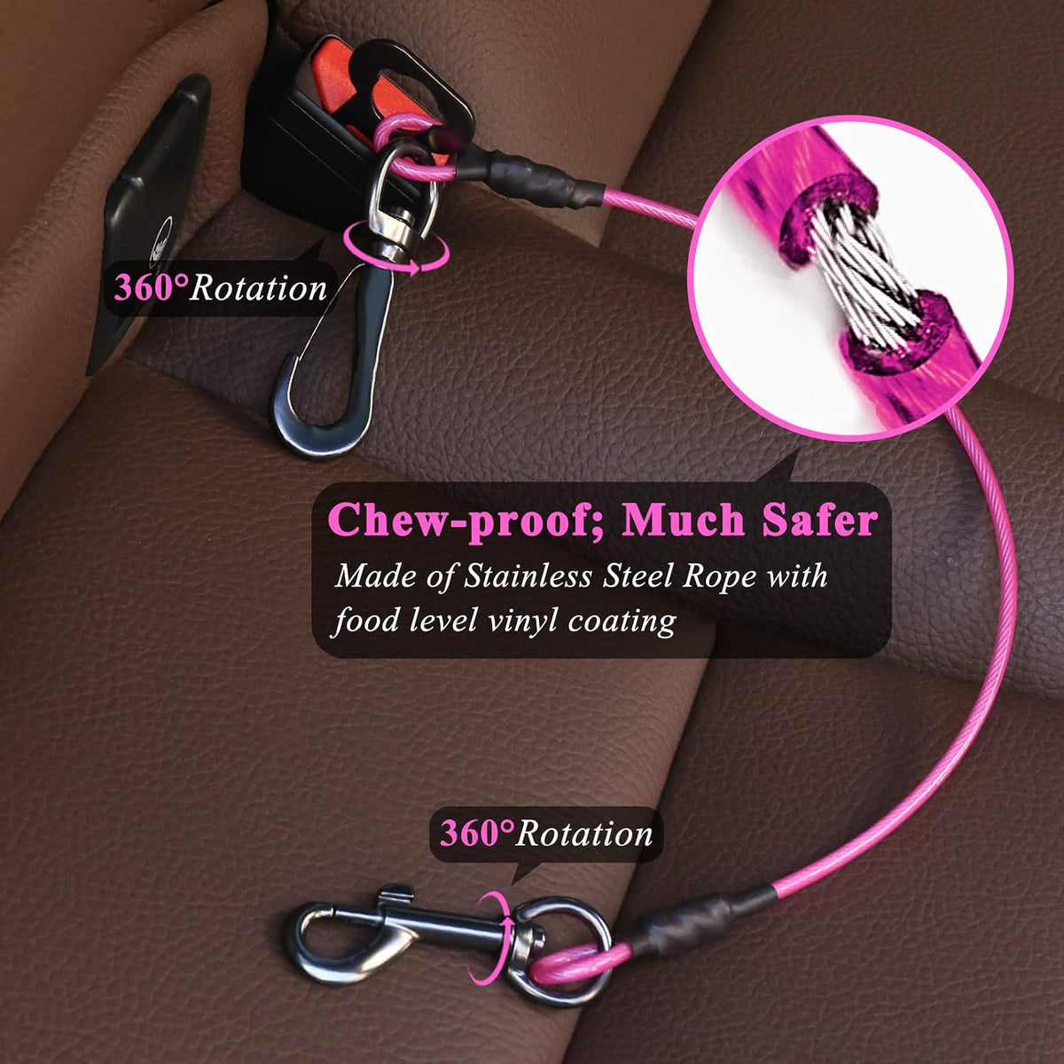 VIVAGLORY Dog Seatbelt Tuffbelt Dog Car Harness, XS - 37 Inch / Pink - image 2