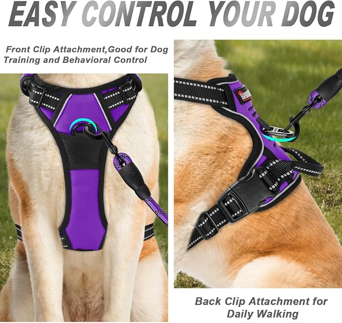 BARKBAY No Pull Dog Harness Front Clip Heavy Duty Reflective Easy Control Handle for Large Dog Walking(Purple,M)