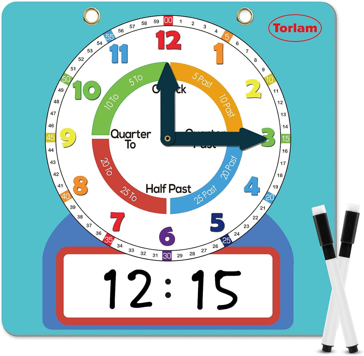 Large Magnetic Dry Erase Learning Clock for Kids Learn to Tell Time - Light Blue