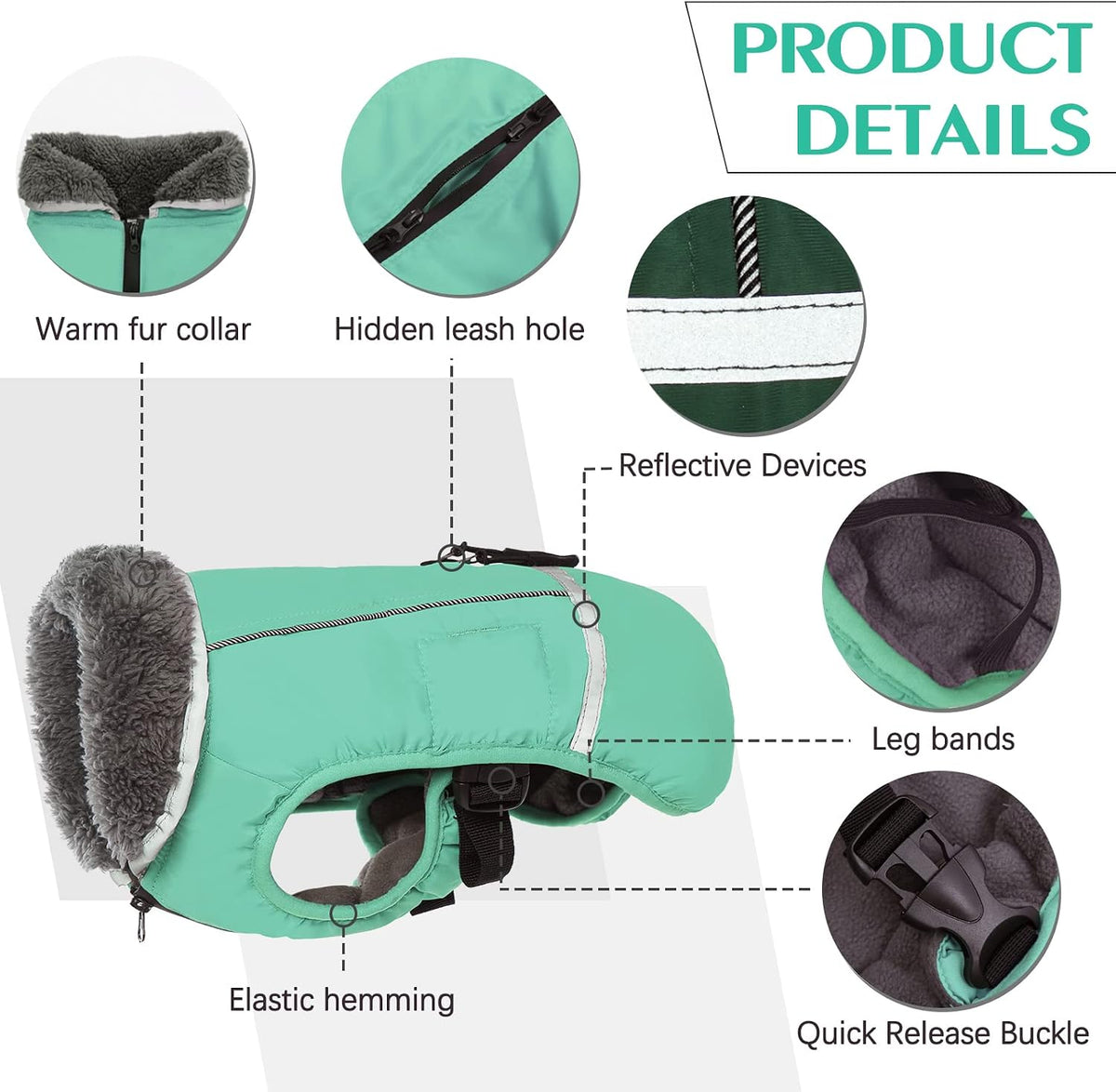 QBLEEV Warm Dog Coat, Reflective Dog Jacket - Turquoise / XX-Large - image 2