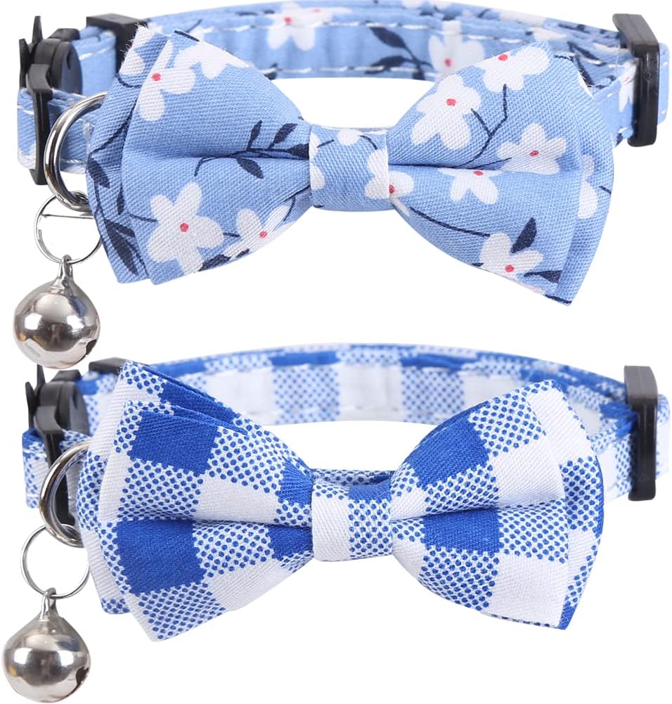 2 Pack Cat Collar Breakaway with Bow Tie and Bell Plaid Flower - Blue