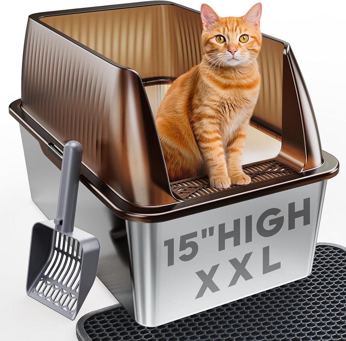 Tripamin 15”Stainless Steel Cat Litter Box Enclosure - Translucent brown / XX-Large