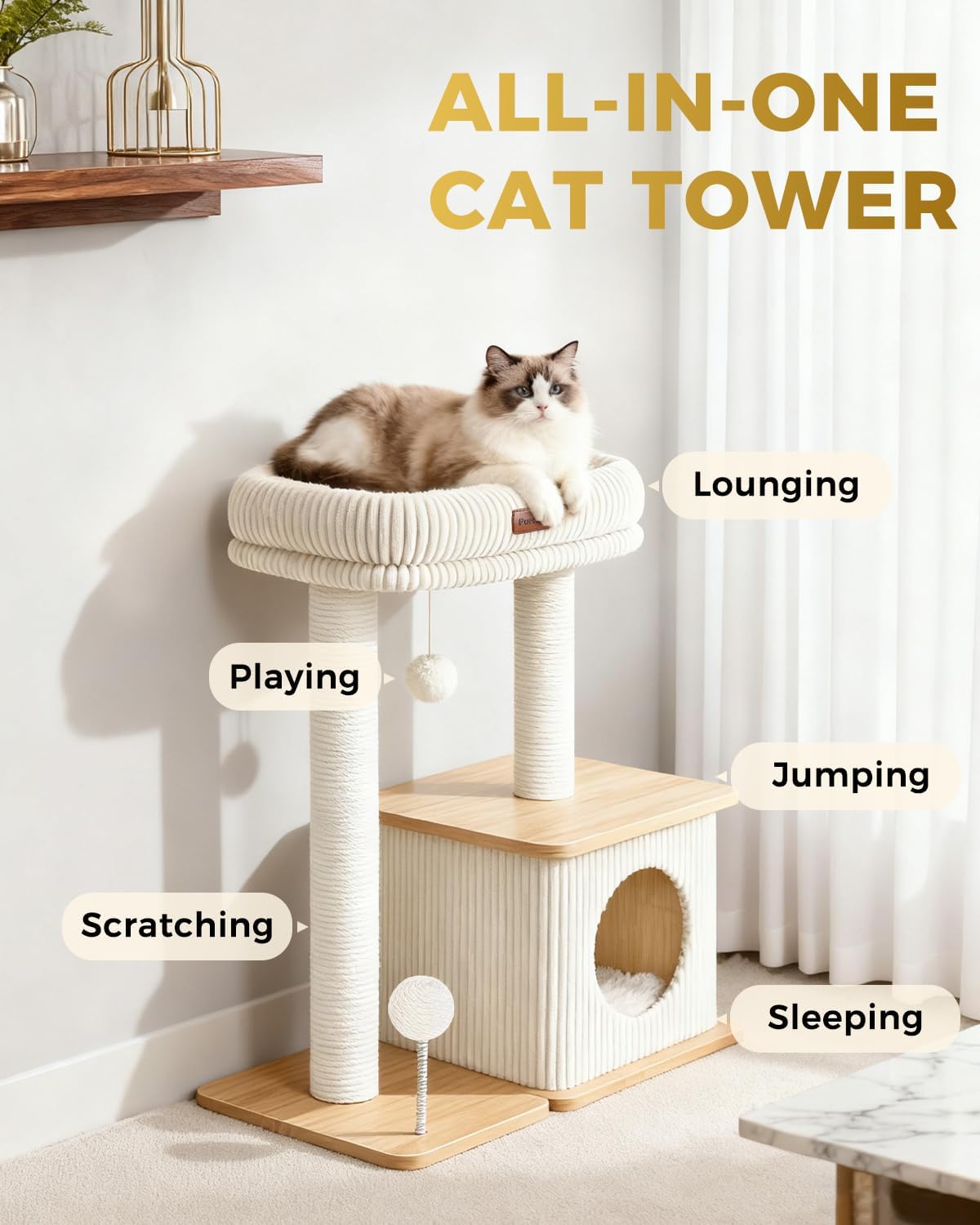 29" Small Cat Tree, Boho Wood Cat Tower with Sisal Scratching Post – Essentials for Cats - Ash White / Medium - image 4
