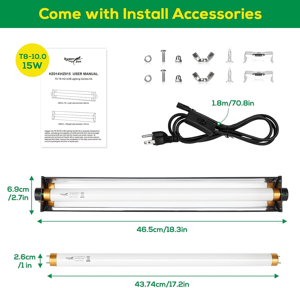 T5 UVB Reptile Light Fixture HO UVB Bulb Lighting Combo Kit - T8-18Inch - image 2