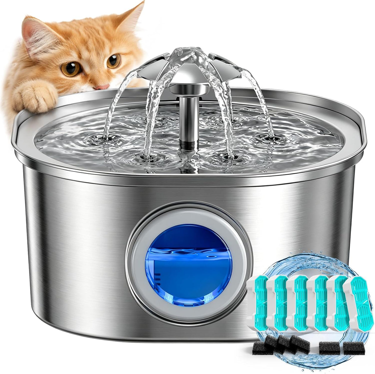PEKTACO Cat Water Fountain, 1 Filter - 3.2L-HT+6 Filter
