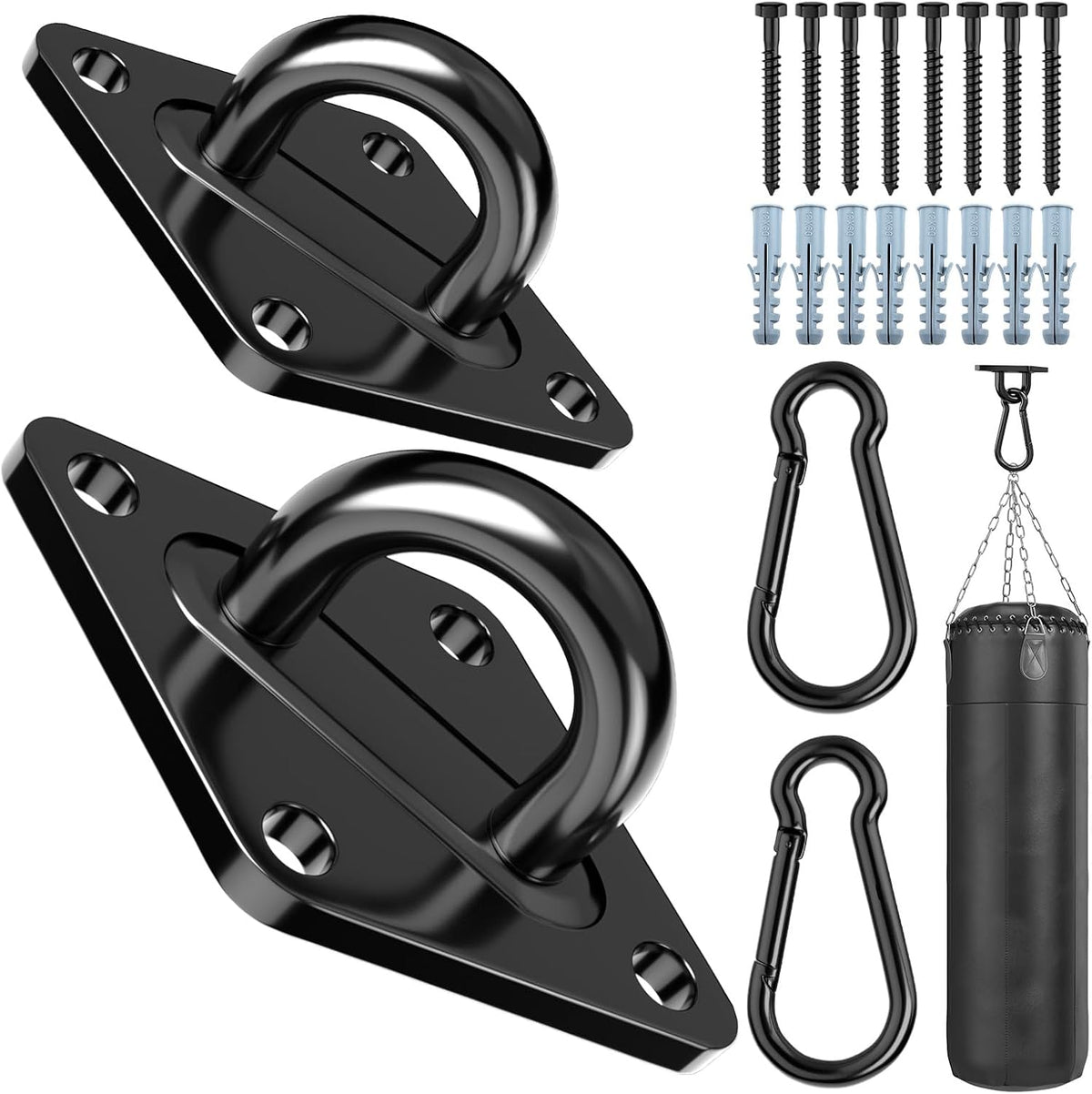 Morzejar black heavy duty hammock hooks kit with M10 pad eyes and snap hooks