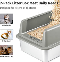 Kirecoo 2 Pack Medium Semi-Enclosed Stainless Steel Cat Litter Box - Grey / Medium - image 2