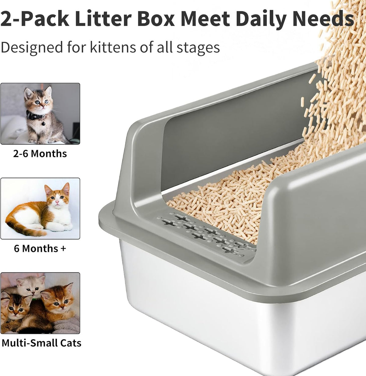 Kirecoo 2 Pack Medium Semi-Enclosed Stainless Steel Cat Litter Box - Grey / Medium - image 2