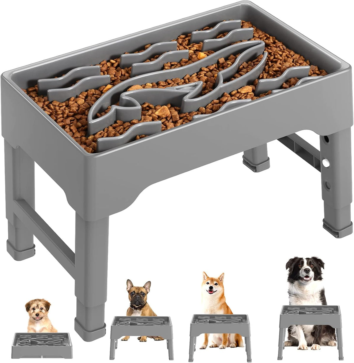 9 Cups Elevated Slow Feeder Dog Bowls 4 Adjustable Heights - Gray