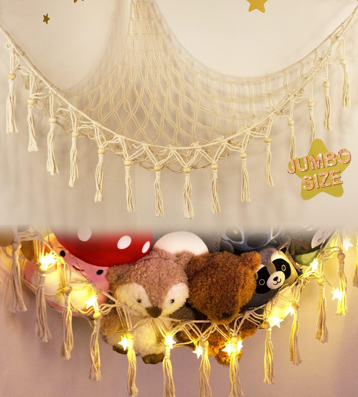 Stuffed Animal Toy Storage Hammock with LED Light - Beige / XL (43"*43"*55")