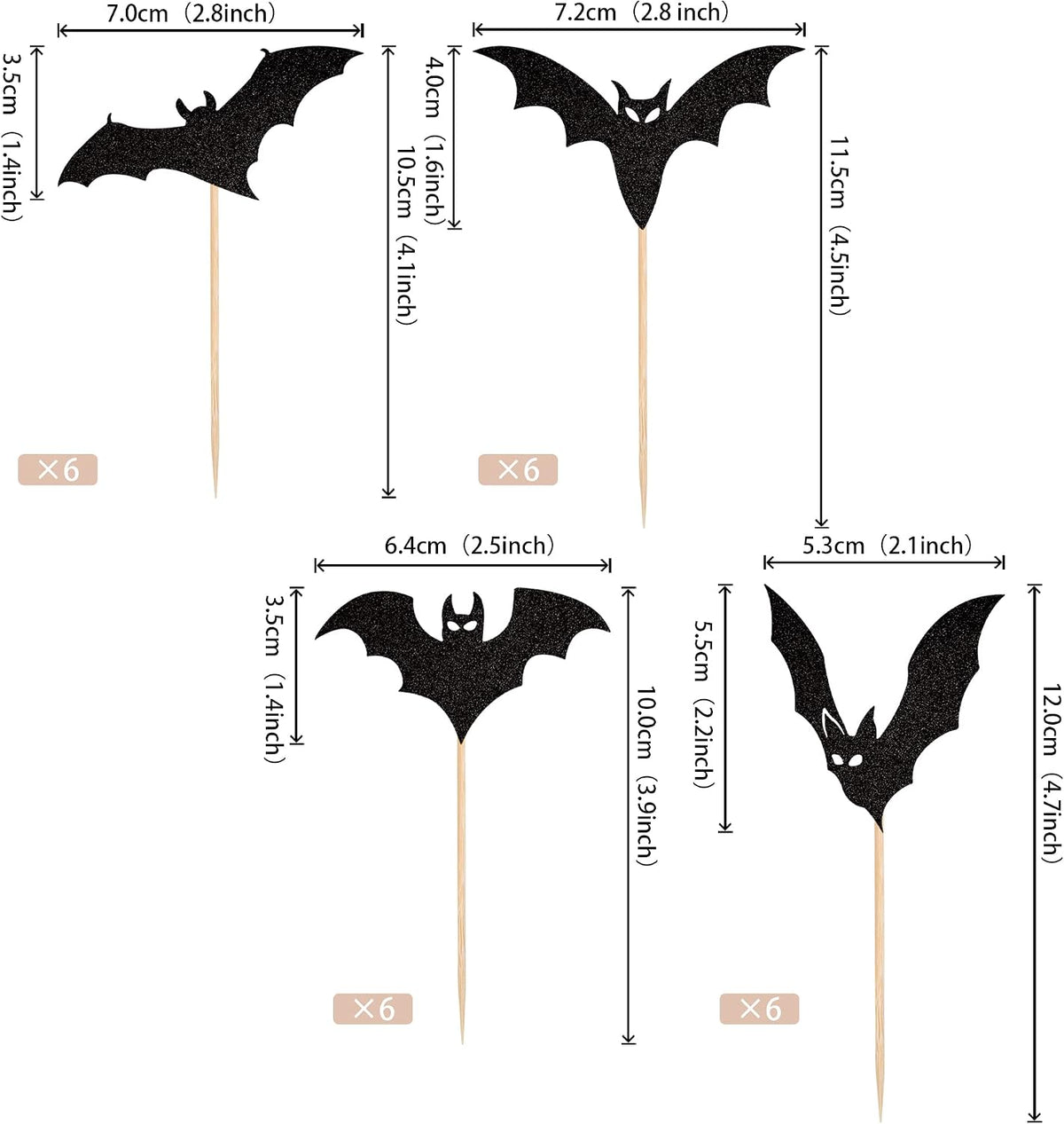 24 PCS Halloween Bat Cupcake Toppers Black Glitter Bat Cupcake Picks - Pattern 6 Bat - image 2