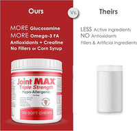 Triple Strength Hypo-Allergenic Soft Chews for Dogs - Hip and Joint Support Supplement with Glucosamine, Chondroitin, & MSM - Made in The USA - 120 Soft Chews