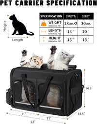 Cat Carrier for 2 Cats,Double Cat and Dual Dog Carrier Cabin for Two Pets – Essentials for Cats - Black with 2 Pocket - image 2