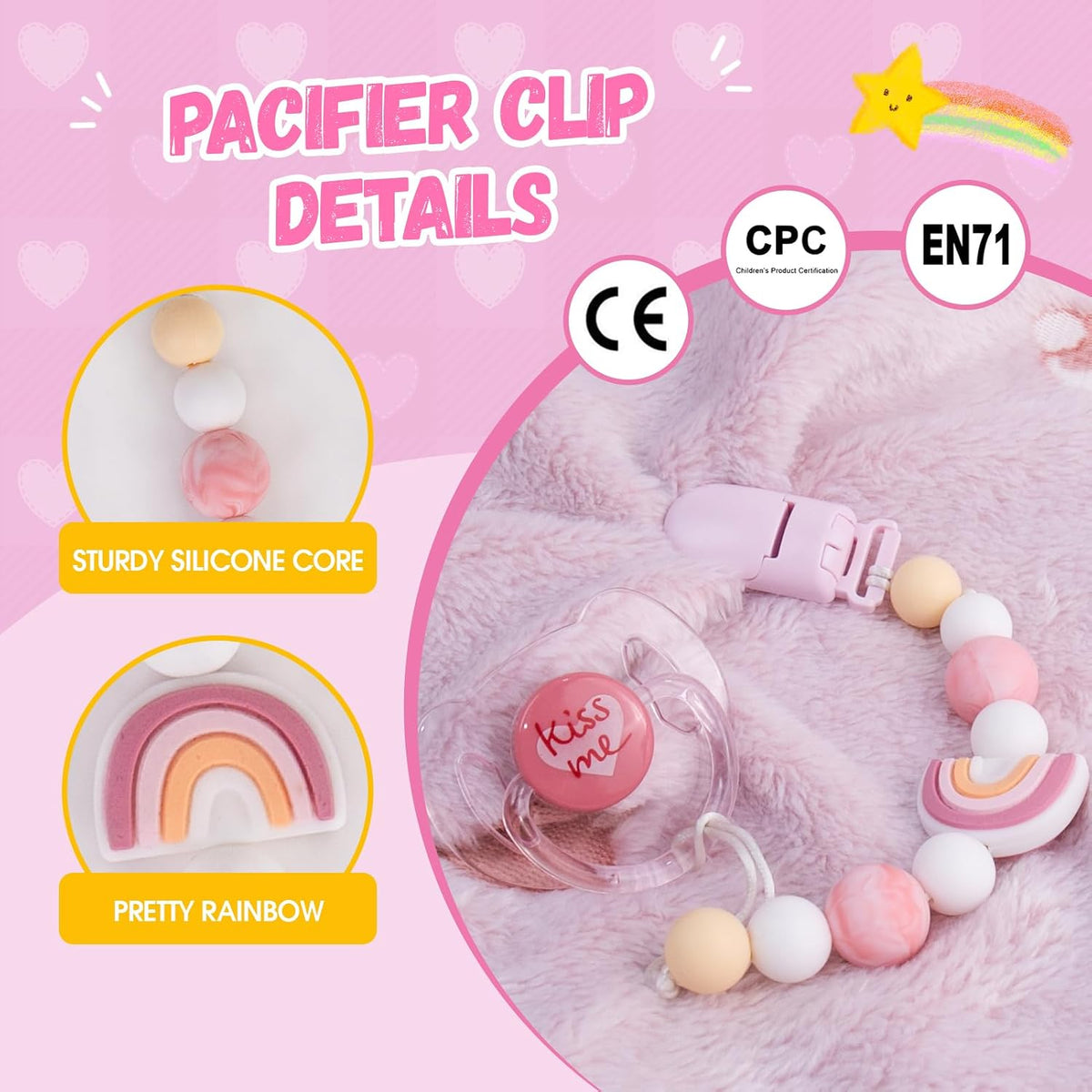 Aori Pacifier Clips for Rebron Baby Dolls Pacifier Holders Silicone - Pink Rainbow - image 3