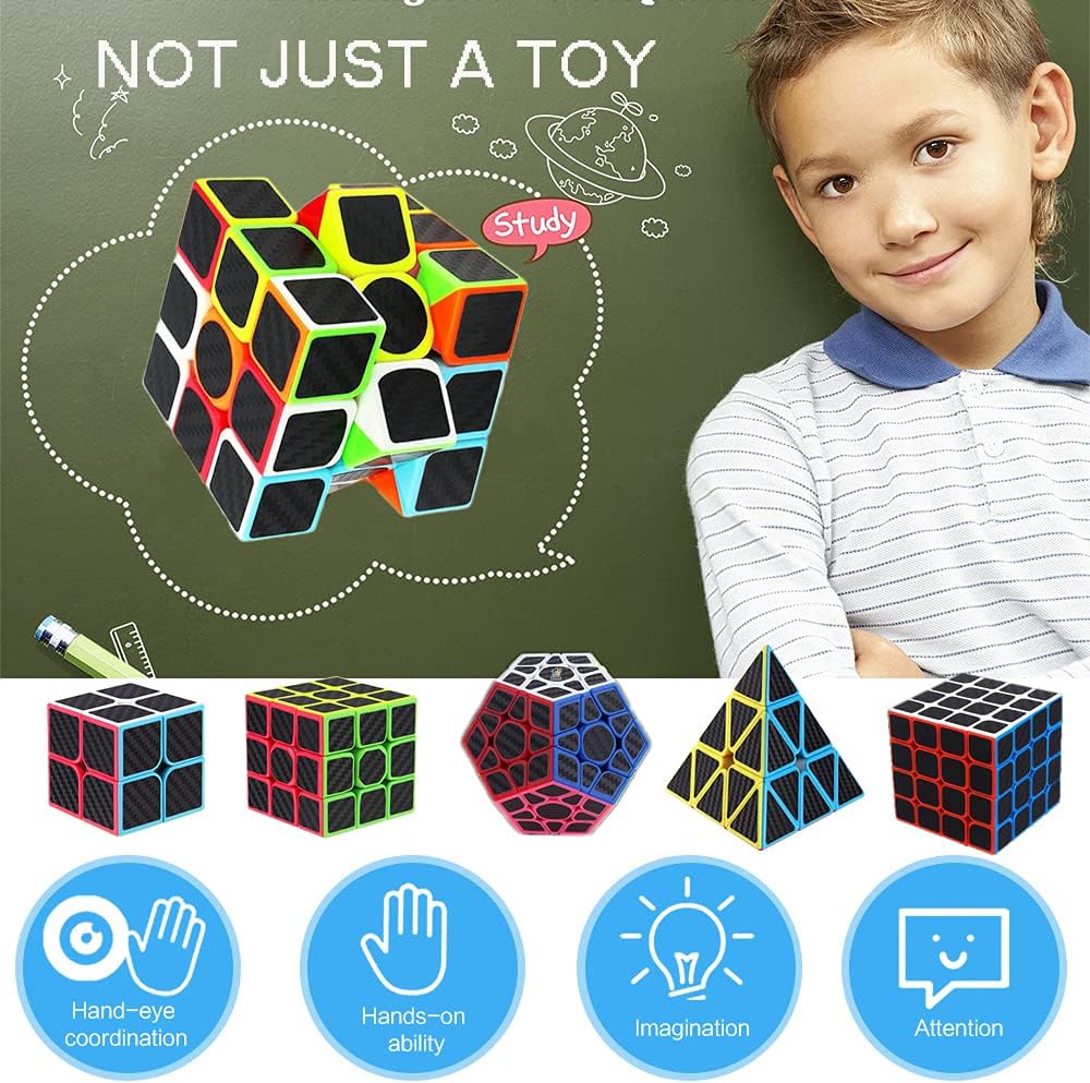 Speed Cube Set, ROXENDA 2x2 3x3 4x4 Megaminx Pyramid Puzzle Cube[5 Pack] – Fun for Kids & Family - 5 Pack Carbon Fiber - image 4