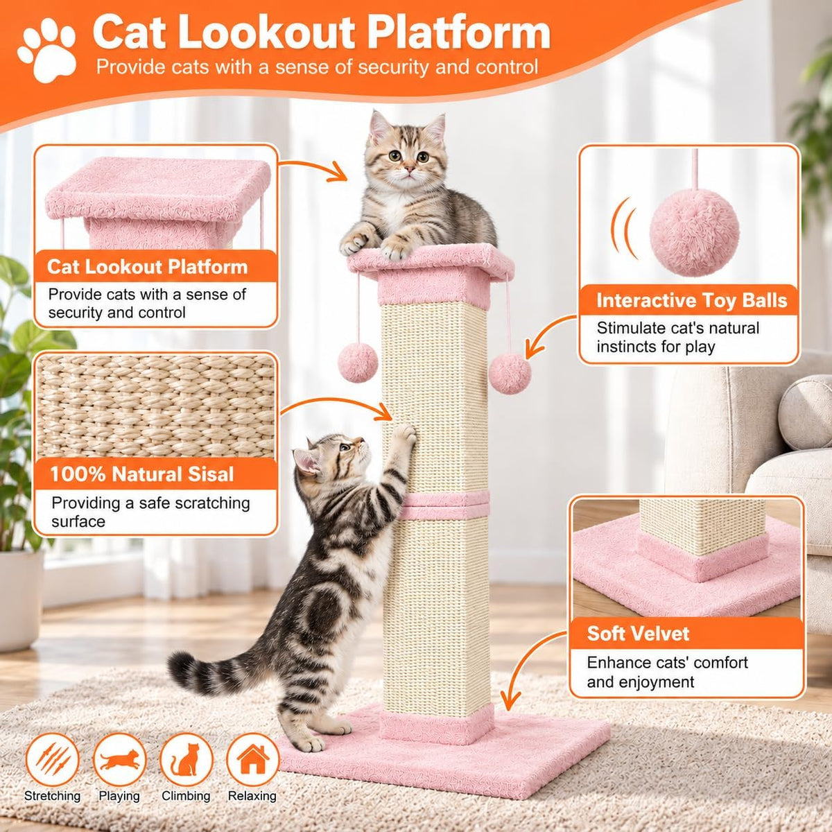 SOCATER Cat Scratching Post 33 Inch, Beige – Essentials for Cats - Pink - image 4