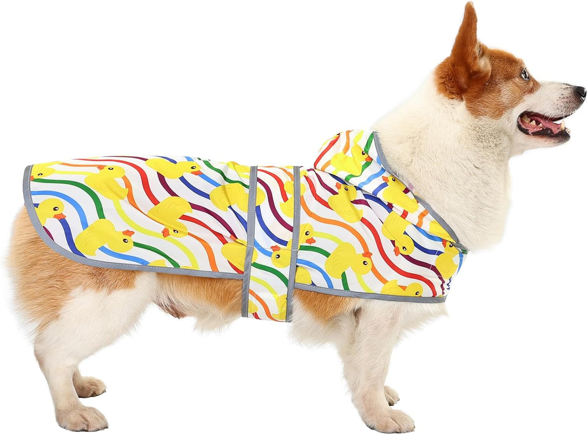 Dog Raincoat, Waterproof Dog Rain Jacket with Hood - Rainbow Ducks / Large