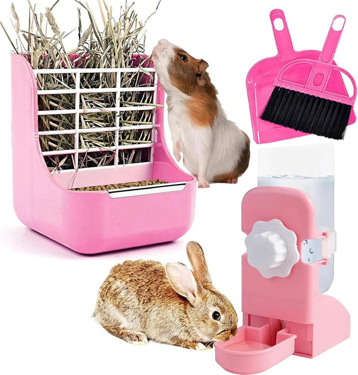 HERCOCCI Rabbit Hay Feeder and Water Bottle Set, Chinchilla - PINK / Large