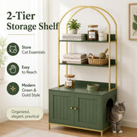 Cat Litter Box Enclosure with 2-Tier Shelves - Green and Gold - image 2