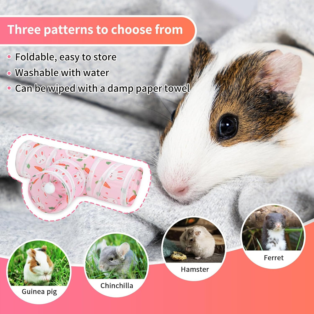 Guinea Pig Tunnel Hideout 3-Way Collapsible Small Pet Tubes - Pink - image 4