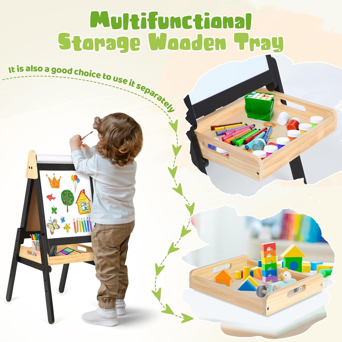 Idea Family 3-in-1 double-sided wooden kids easel with paper roll and storage tray - view 3