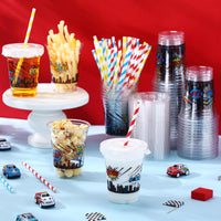 Teenyyou 12 oz clear plastic party cups with dirt bike design, lids and paper straws - view 13