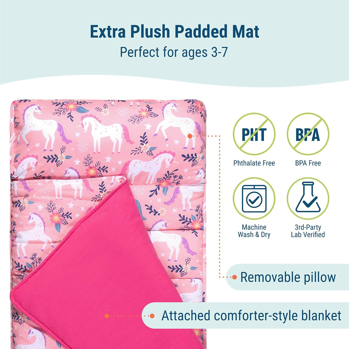 Wildkin Kids Original Nap Mat, Cozy Kids Sleep Mat with Pillow - Magical Unicorns - image 3